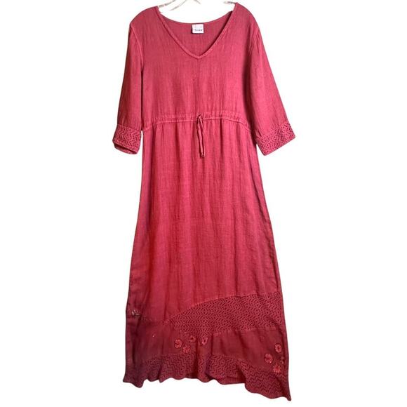 Vtg 90s Y2K Stamp Maxi‎ Dress Long Sleeve Travel Lagenlook Maroon Cottagecore M - Picture 1 of 16